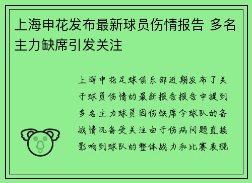 上海申花发布最新球员伤情报告 多名主力缺席引发关注